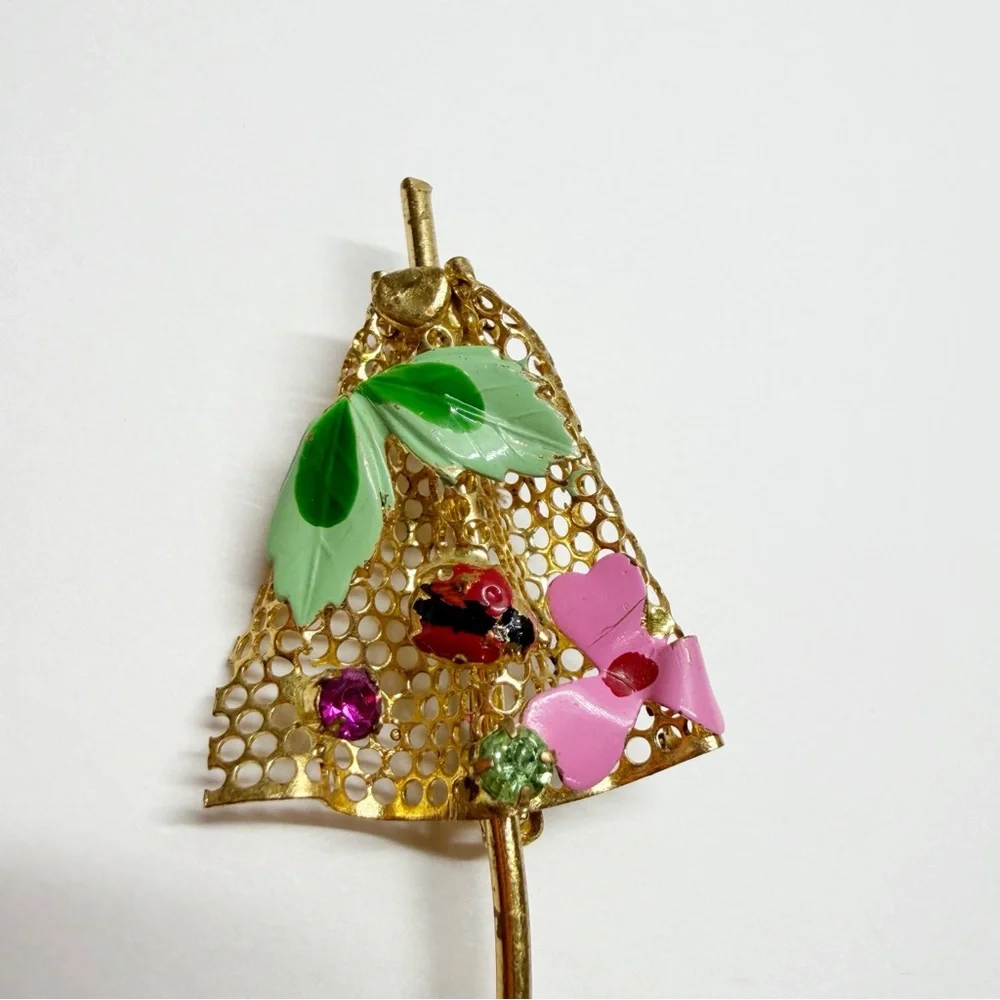 Vintage Gold Tone Umbrella Enamel Floral Ladybug Brooch - Picture 2 of 8